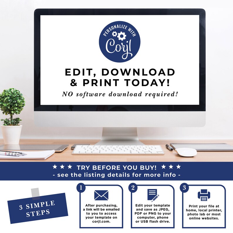 May include: A computer screen displaying instructions on how to edit, download, and print a digital template using the website "corjl.com". The screen is on a desk with a potted plant, a keyboard, and a pen.