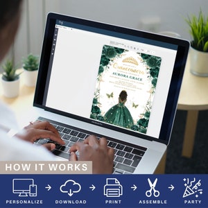 May include: A digital design for a Quincea&ntilde;era invitation featuring a young woman in a green gown with a gold crown. The invitation has a green and gold floral design with butterflies. The text on the invitation reads "Quincea&ntilde;era" and "Aurora Grace".