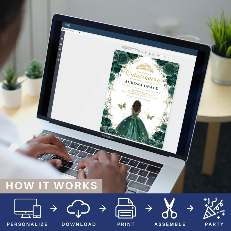 May include: A digital design for a Quincea&ntilde;era invitation featuring a young woman in a green gown with a gold crown. The invitation has a green and gold floral design with butterflies. The text on the invitation reads "Quincea&ntilde;era" and "Aurora Grace".