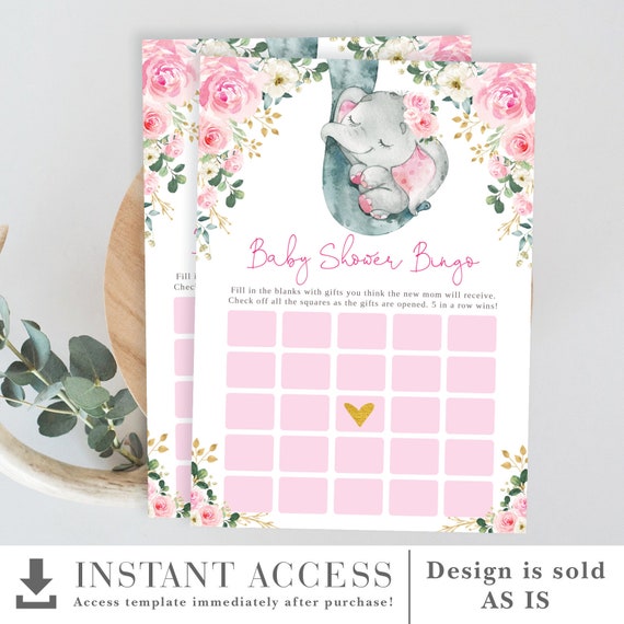 Pink Gold Elephant Bingo Baby Shower Game. Greenery Jungle Safari Floral Printable Game. Baby Elephant Girl Instant Download. EL10 Il_570xn
