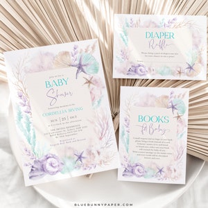 Unter dem Meer Baby Shower Einladung Bundle Ocean Mermaid Bücher für Baby Windel Raffle Vorlagen EDITIERBAR Download Set Türkis Lila, OC2