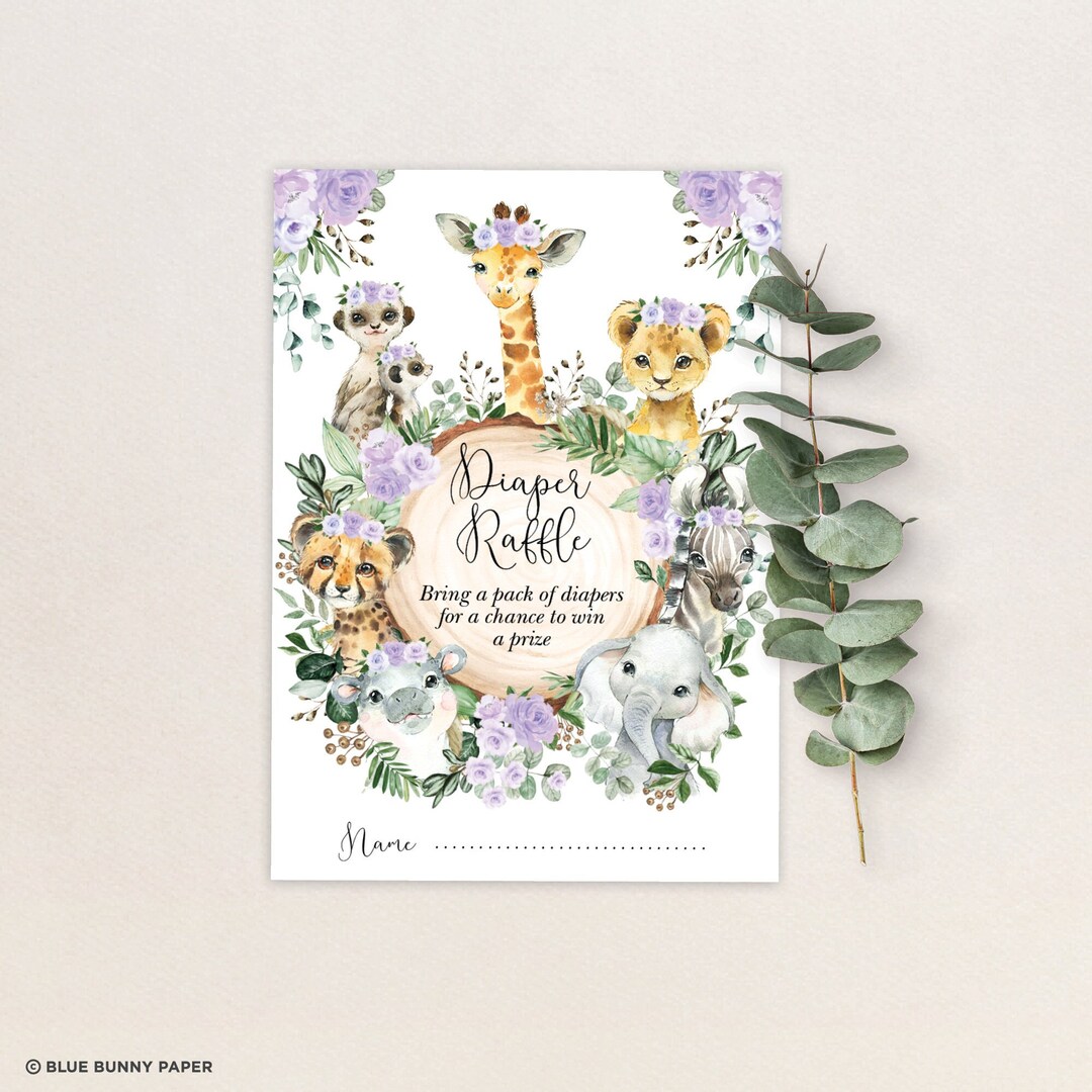 Purple Safari Diaper Raffle Printable, Girl Jungle Animals Baby Shower ...