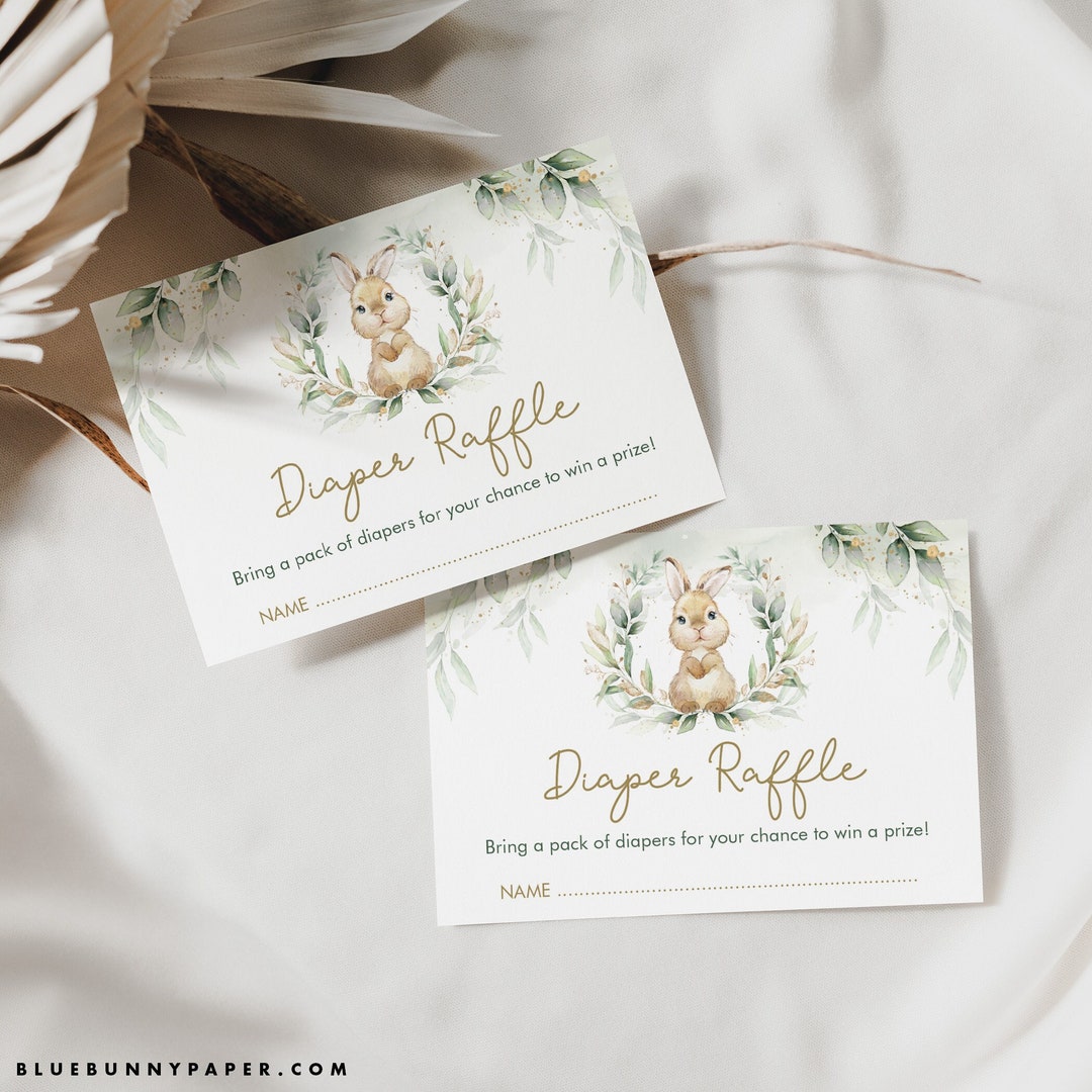 Eucalyptus Bunny Diaper Raffle Printable, Greenery Gold Rabbit Baby ...