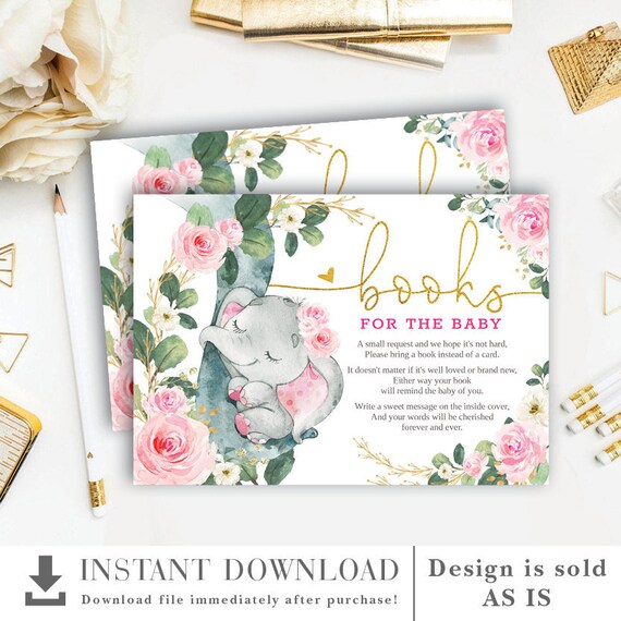 Pink Floral Elephant Baby Shower Books For Baby Printable Card. Watercolor Roses Botanical Greenery INSTANT DOWNLOAD. EL10 Il_570xn