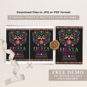 May include: Two printable invitations for a couple's shower with a black background and colorful floral designs. The text on the invitations reads "Let's Fiesta" and includes the names "Mafalda and Alvaro".