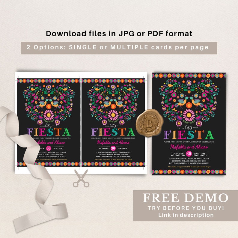 May include: Two printable invitations for a couple's shower with a black background and colorful floral designs. The text on the invitations reads "Let's Fiesta" and includes the names "Mafalda and Alvaro".
