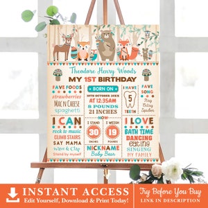 Tribal Woodland 1st Birthday Milestone Poster. Wild One Forest Animals Birthday Chalkboard Printable Sign. EDITABLE TEMPLATE. TRI2 image 3