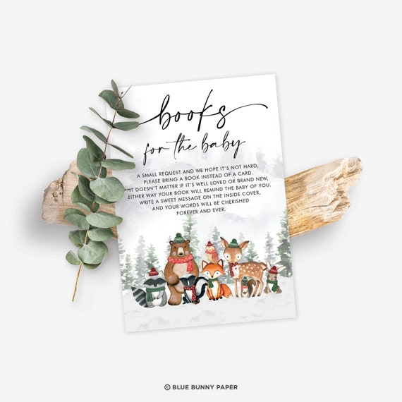 Winter Woodland Baby Shower Books for Baby Card, Snowy Forest Animals Bring a Book Card, Frosty Landscape Printable INSTANT DOWNLOAD, WINT22 Il_570xn