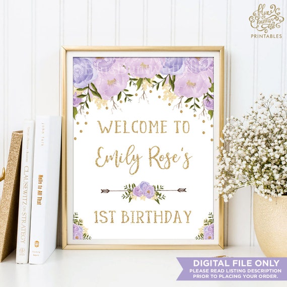 Purple Floral Welcome Sign. Birthday Party Decorations. Girl Baby Shower Printable Decor Sign. Purple and Gold Photo Booth Shower. FLO18D Il_570xn