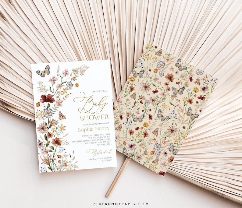 May include: A floral baby shower invitation with a gold script font that says "Baby Shower" and the name "Sophia Henry". The invitation features a watercolor illustration of a floral arrangement with butterflies.