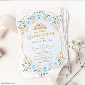 Quinceañera Invitation Template, Blue Floral Mis Quince Anos 15th Birthday Invite, Blue Gold Princess Tiara Party EDITABLE Download, FLO43