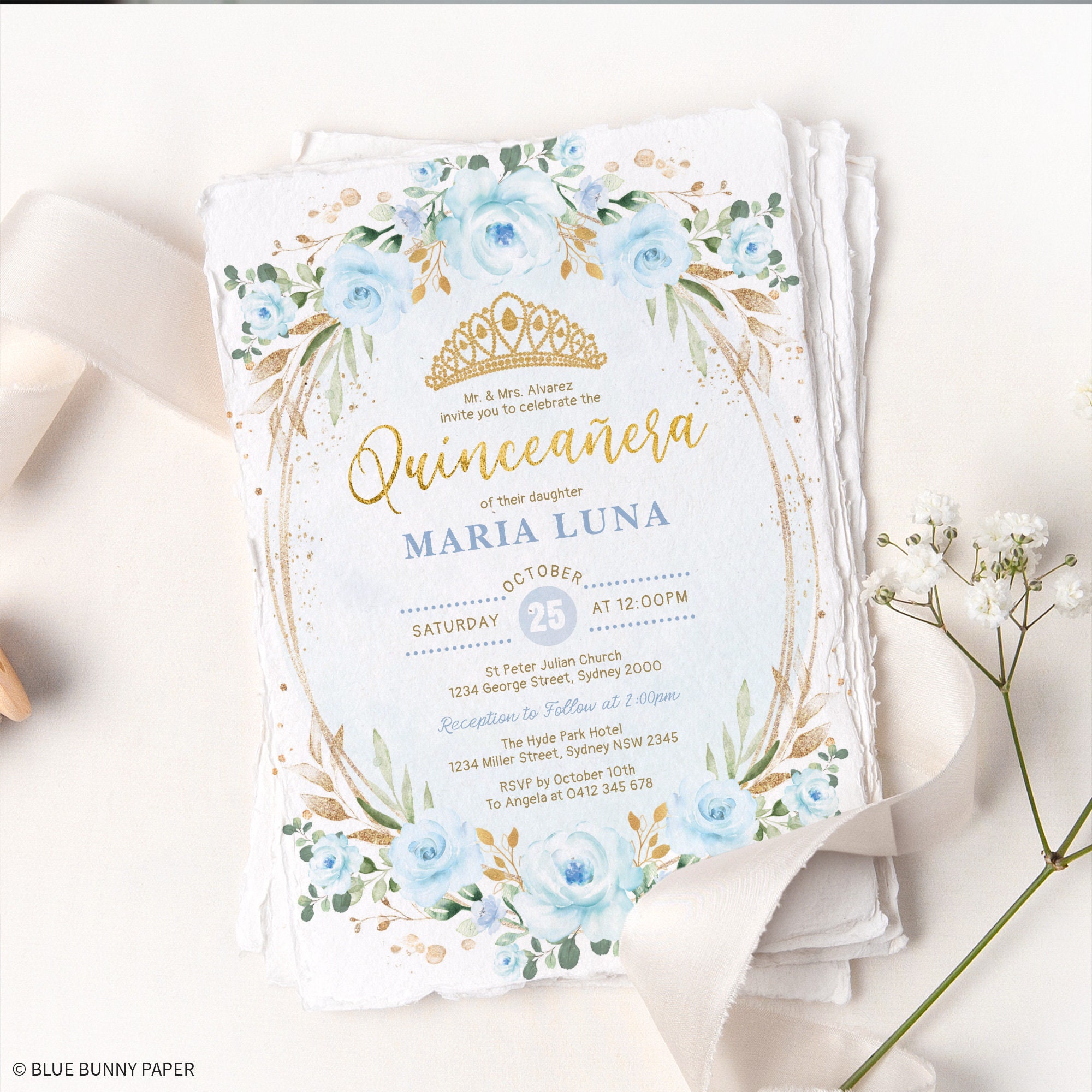 Quinceañera Invitation Template Blue Floral Mis Quince Anos - Etsy India