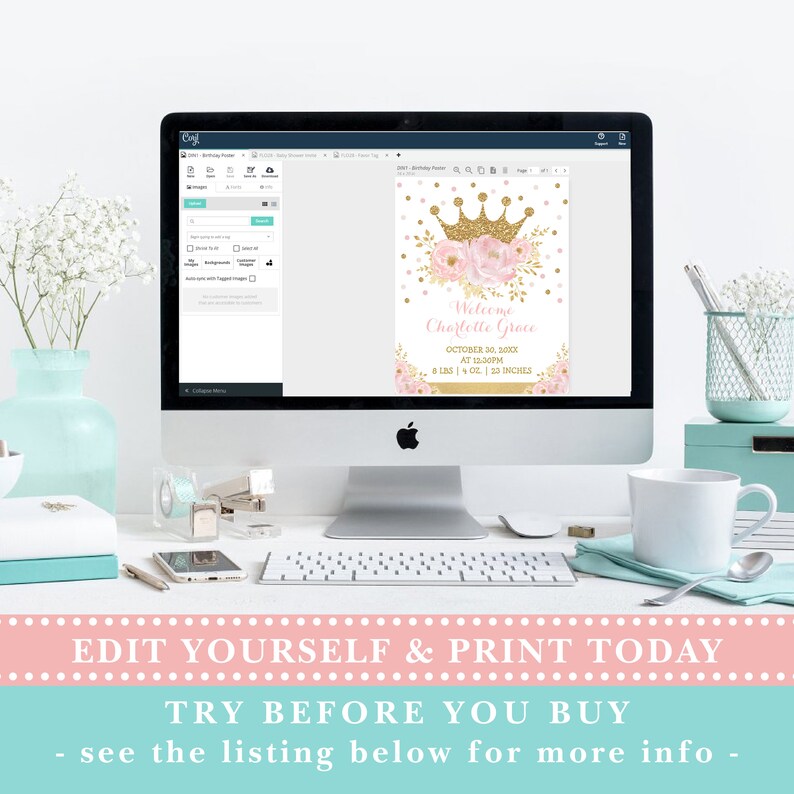 Puede incluir: Una descarga digital imprimible para un cartel de bienvenida con una corona rosa y dorada con detalles florales. El texto dice "Bienvenido Charlotte Grace 30 de octubre de 20XX a las 12:30 PM 8 lbs | 20 pulgadas".