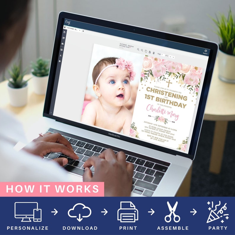 Blush Floral Joint Baptism Birthday Invitation, Pink Gold Christening Invite, EDITABLE TEMPLATE, FLO18A image 2