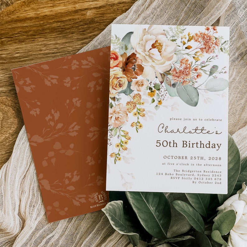 Invitation card and backside with a fall color scheme for a 50th birthday.