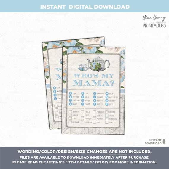 Who's My Mama Vintage Baby Shower Printable Game. Rustic Blue Floral Baby Animal Game. Flower High Tea Baby Shower. Kitchen Tea. Teapot TEA2 Il_570xn