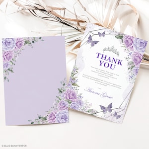 Paars zilver QUINCEAÑERA Bedankkaart bewerkbare sjabloon Mis Quince Anos Sweet 16 Butterfly verjaardag afdrukbare Instant Download FLO21