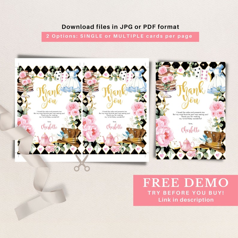 Alice in Wonderland Thank You Card, Mad Hatter Tea Party, Alice in Onederland Birthday, High Tea Baby Shower EDITABLE TEMPLATE Download, AL3 image 3
