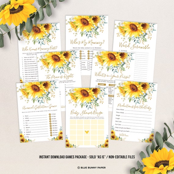 Matching Sunflower Baby Shower Invitation Instant Download Set of 6 Printable Baby Shower Games INSTANT DOWNLOAD