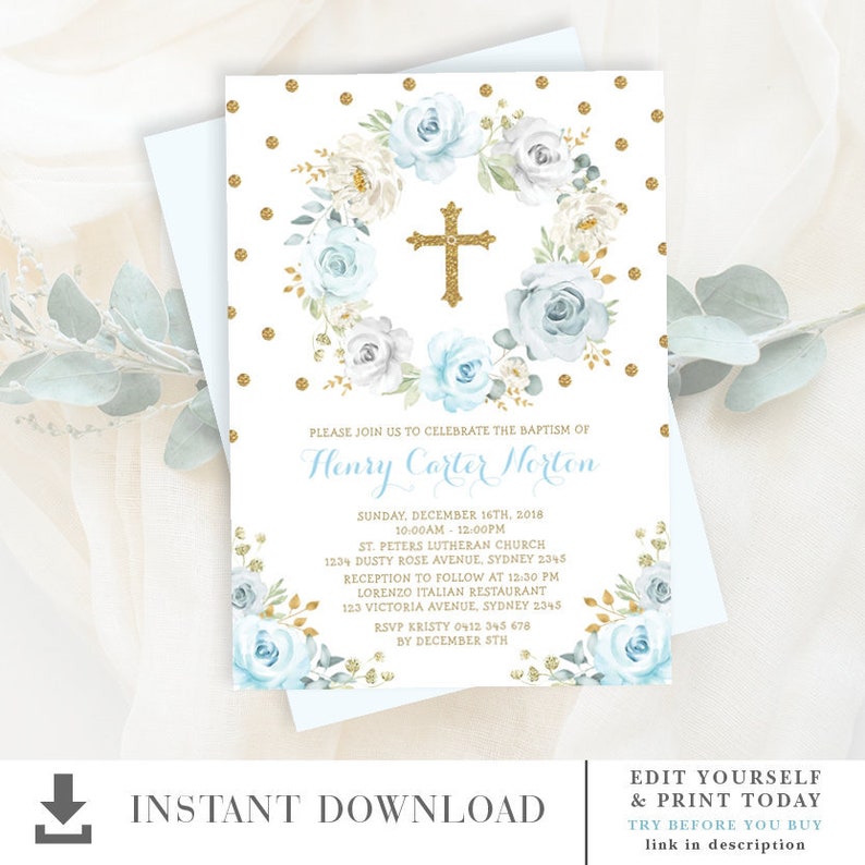 EDITABLE Baptism Invitation. Dusty Blue Gold Floral Christening Communion Printable Invite. Glitter Confetti Downloadable Template. FLO31 image 1