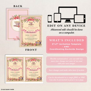 May include: A pink and white printable invitation template for a baby shower tea party. The invitation features a teapot, teacups, and floral designs. The text on the invitation reads "Baby Shower Tea Party" and "Alice Henderson". The invitation is 5 inches by 7 inches.