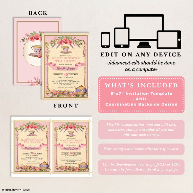 Vintage Tea Party Baby Shower Invitation Template, EDITABLE Sip and See Baby Girl Invite, Retro Chic High Tea Printable Download, TEA9 image 2