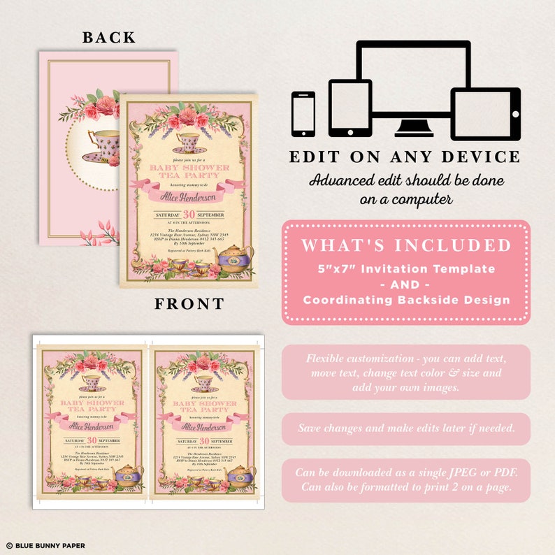 May include: A pink and white printable invitation template for a baby shower tea party. The invitation features a teapot, teacups, and floral designs. The text on the invitation reads "Baby Shower Tea Party" and "Alice Henderson". The invitation is 5 inches by 7 inches.
