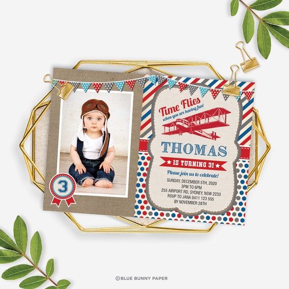 Editable Airplane Birthday Invitation Template, Vintage Aviator Pilot Party Theme, Baby Boy, Time Flies Printable Instant Download, AP2 Il_570xn
