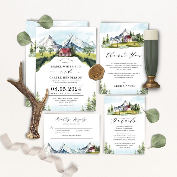 Mountain Wedding Invitation Suite Forest Pine Tree Wedding Invite
