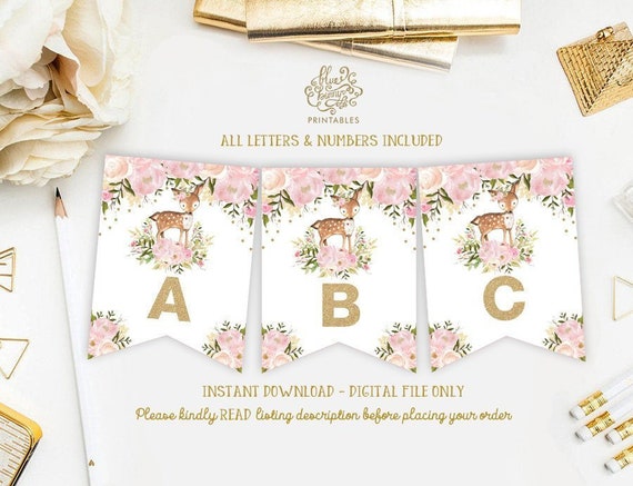Girl Woodland Deer Birthday Printable Banner Pink Watercolor