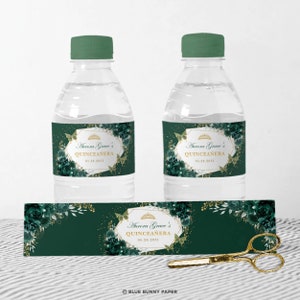 Smaragdgrüne Quinceanera Wasserflasche Label Mis Quince 15 Anos Gastgeschenke Blumen Kronprinzessin 15. Geburtstag EDITIERBARE VORLAGE, FLO17