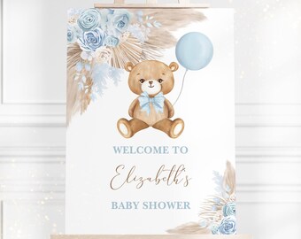 Panneau de bienvenue pour baby shower ours en peluche, floral bleu bohème, modèle modifiable (téléchargement imprimable), BR11