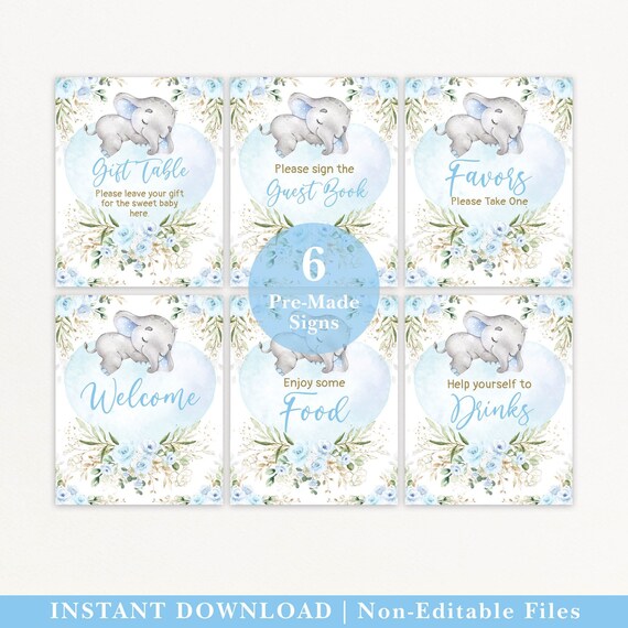 Boy Elephant Baby Shower Table Signs Blue Floral Sleeping Elephant Boy Elephant Baby Shower Table Signs Blue Floral Sleeping Elephant
