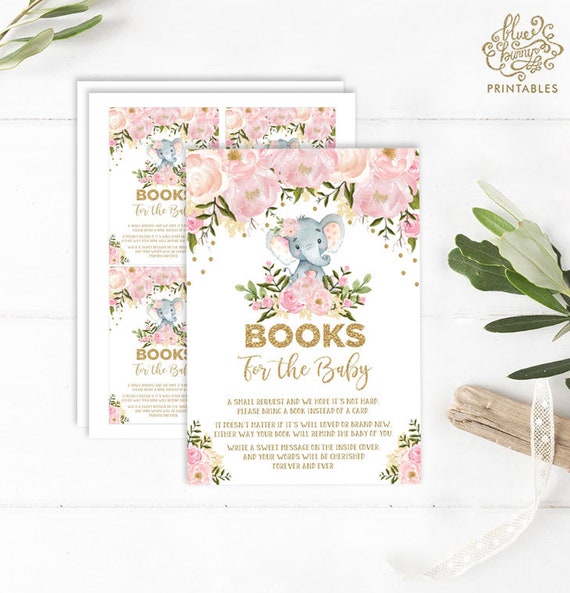 Girl Elephant Books for Baby Card. Blush Floral Elephant Baby Shower Invitation Insert. Pink Gold Jungle Safari Shower. Baby Girl. FLO18AE Il_570xn
