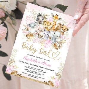 May include: A baby shower invitation with a pink and gold theme. The invitation features watercolor illustrations of safari animals, including a giraffe, lion, and elephant. The text reads "It's a Baby Girl" and includes event details.