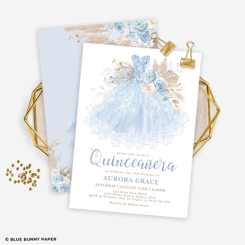 May include: A blue and white Quincea&ntilde;era invitation with a watercolor illustration of a blue dress with gold glitter and floral accents. The text reads "Please join us for a Quincea&ntilde;era to celebrate the 15th birthday of AURORA GRACE Saturday | August 15th | 2:00PM The Hyde Park Hotel 1234 Miller Street, Sydney 2345 RSVP by October 10th To Angela at 0412 345 678 Hosted by the Williams Family"