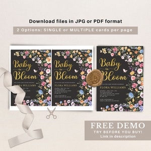 May include: A printable baby shower invitation with a floral design. The invitation features a black background with a gold inscription that reads "Baby in Bloom". The text is surrounded by a wreath of colorful flowers and butterflies.