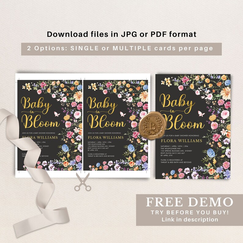 May include: A printable baby shower invitation with a floral design. The invitation features a black background with a gold inscription that reads "Baby in Bloom". The text is surrounded by a wreath of colorful flowers and butterflies.
