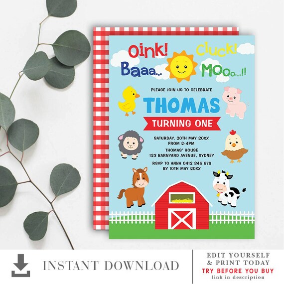 Cute Farm Barnyard Animals 1st Birthday Editable Invitation Petting Zoo Printable Invite Template Instant Download Farm5 By Blue Bunny Printables Catch My Party