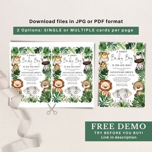 May include: A printable baby shower invitation featuring a jungle theme with a green, white, and brown color scheme. The invitation features a cute cartoon baby boy with a giraffe, zebra, lion, leopard, and elephant. The text on the invitation reads "A Sweet Baby Boy Is On His Way!" and includes the baby shower date, time, and location.