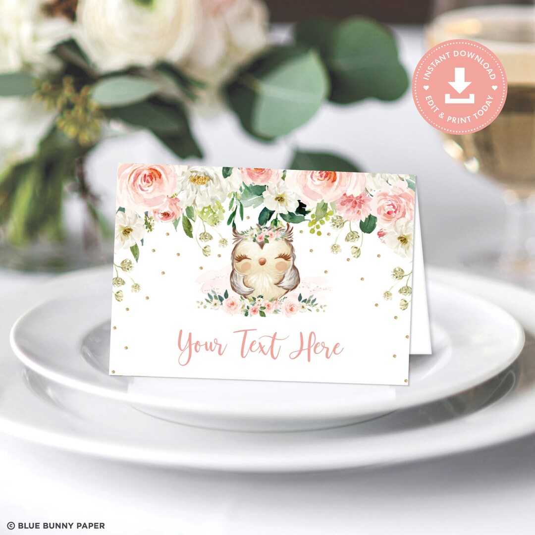 EDITABLE Owl Place Card Template, Pink Gold Floral Food Tent Labels ...