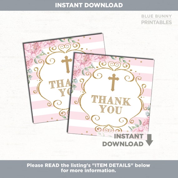 Baptism Favor Tags. Watercolor Floral Thank You Tags. Pink and Gold Christening Decorations. 1st First Birthday Baby Shower Favors. PG1 Il_570xn