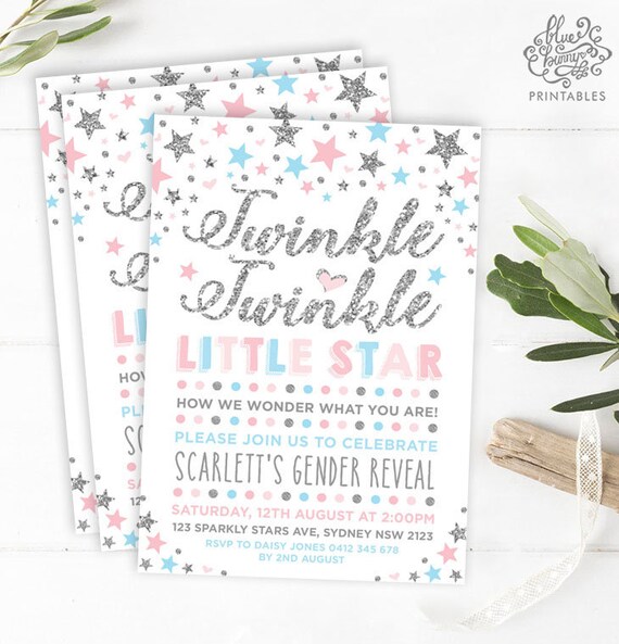 Twinkle Little Star Baby Shower Invitation. Silver Gender Reveal He or She. Boy or Girl Baby Sprinkle. Blue Pink Silver Glitter Confetti TT9 Il_570xn