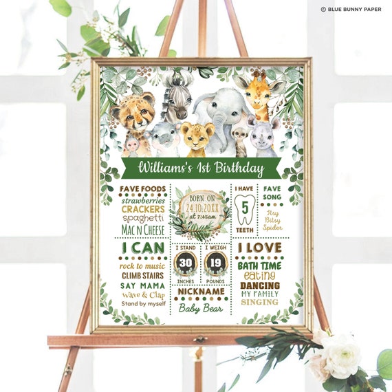 Rustic Safari 1st Birthday Milestone Poster. Greenery Jungle Wild Animals Birthday Chalkboard Printable Sign. EDITABLE TEMPLATE. JUN13 Il_570xn