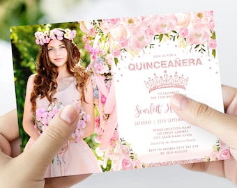 Rose Gold Quinceañera Invitation, Princess Tiara Quinceanera Invite, Pink Floral Mis Quince Anos 15th Birthday DIY EDITABLE TEMPLATE, FLO3
