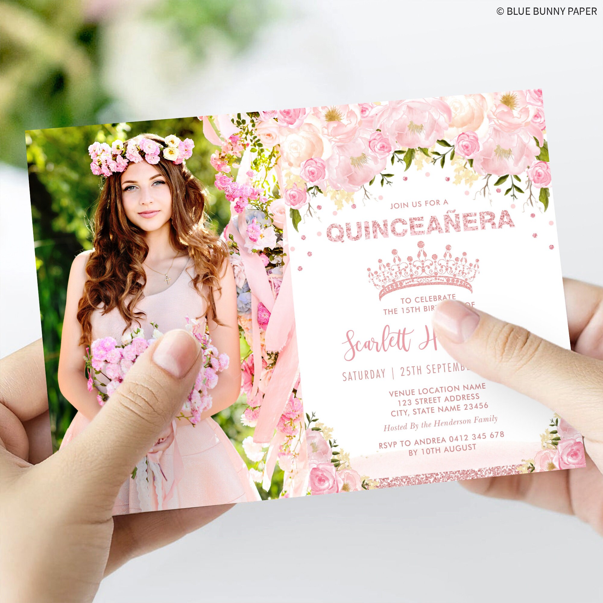 Rose Gold Quinceañera Invitation, Princess Tiara Quinceanera Invite, Pink Floral Mis Quince Anos 15th Birthday DIY EDITABLE TEMPLATE, FLO3