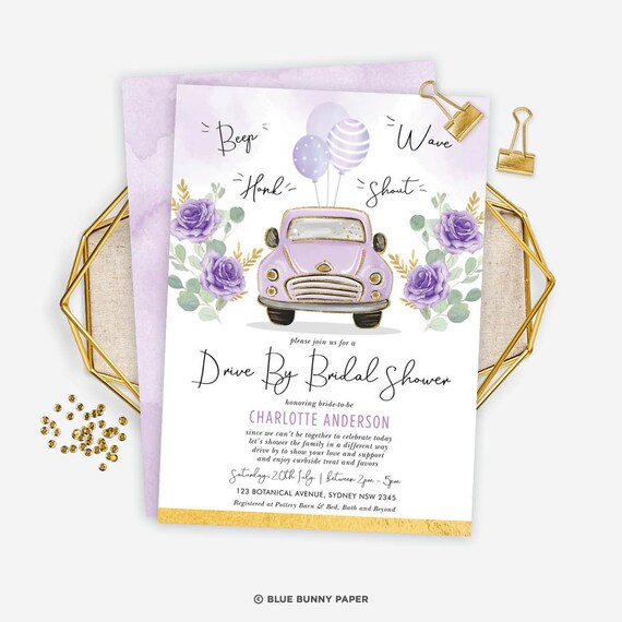 Editable Violet Roses Drive By Bridal Shower Invitation. Purple Floral