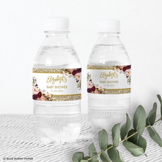 Glam Water Bottle Label Template, Gold Glitter Baby Shower, Blush Burgundy Flower Bridal Shower Favors, EDITABLE, Instant Download, FLO33 Il_570xn