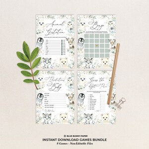 May include: Printable baby shower game bundle featuring a set of four games with a woodland animal theme. The games include: Animal Gestation, Bingo, Predictions for the Baby, and Guess the Right Price. The games are decorated with a green and white floral design and feature illustrations of a penguin, deer, polar bear, and snow leopard.