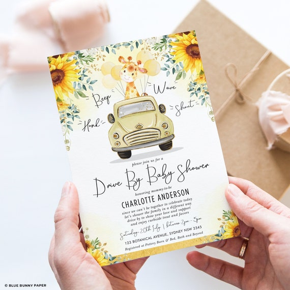 Sunflower Giraffe Drive By Baby Shower Invitation, Jungle Animal Quarantine Printable Invite